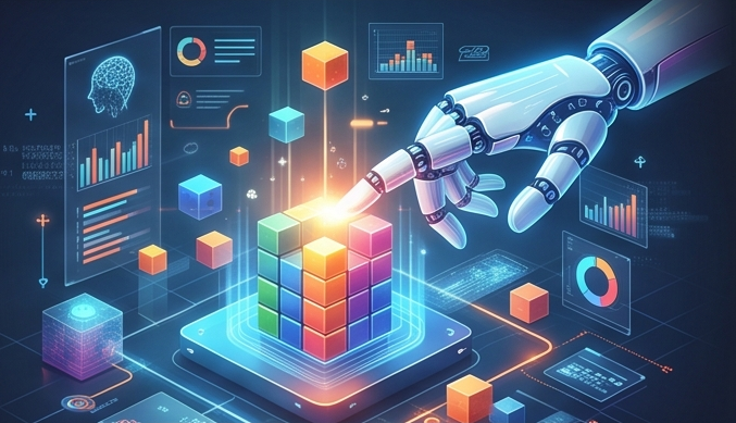 AI által vezérelt digitális műhely színes blokkokkal és elemző felületekkel