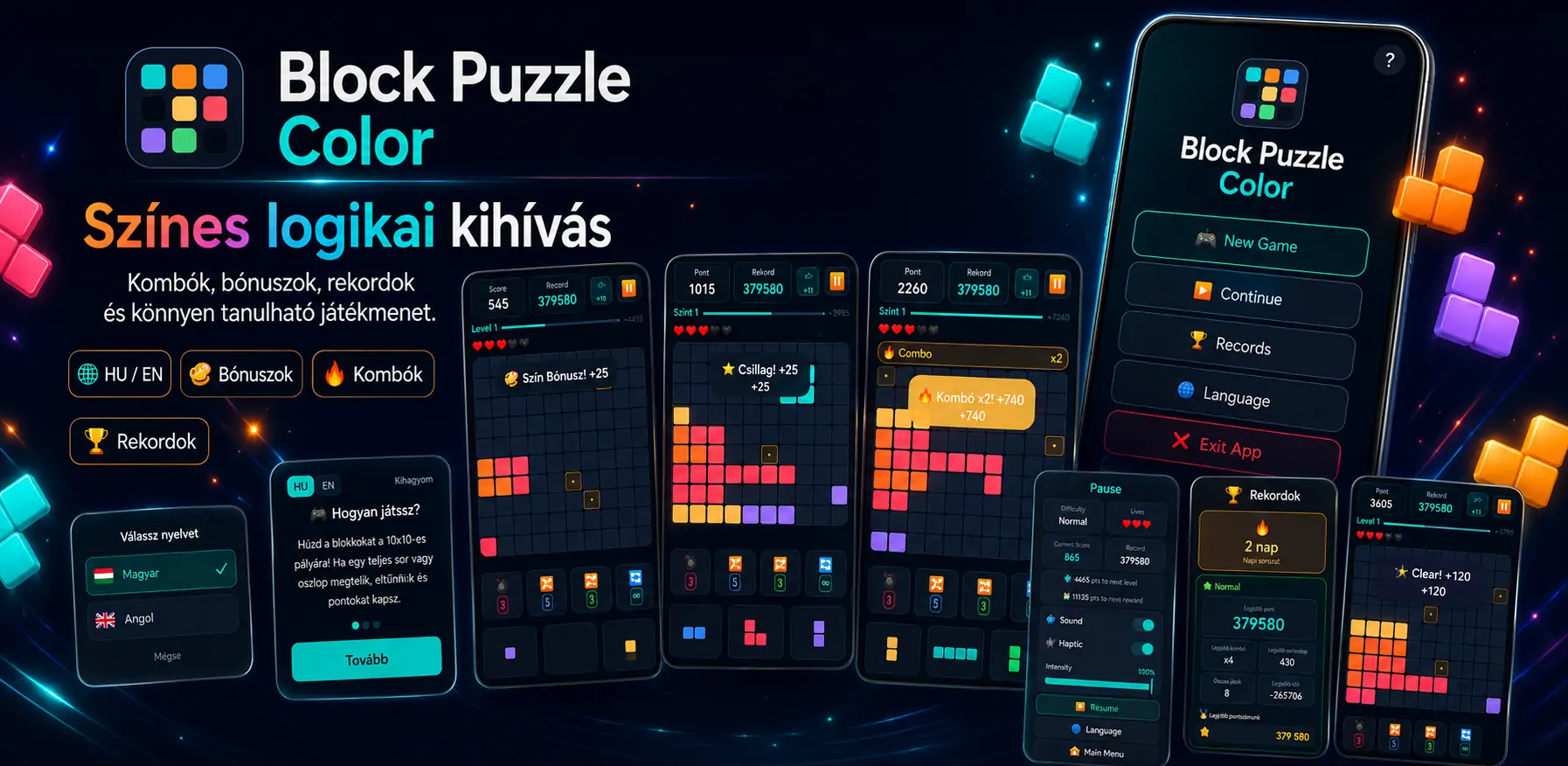 BlockPuzzleColor reklám előnézet színes játékképernyőkkel