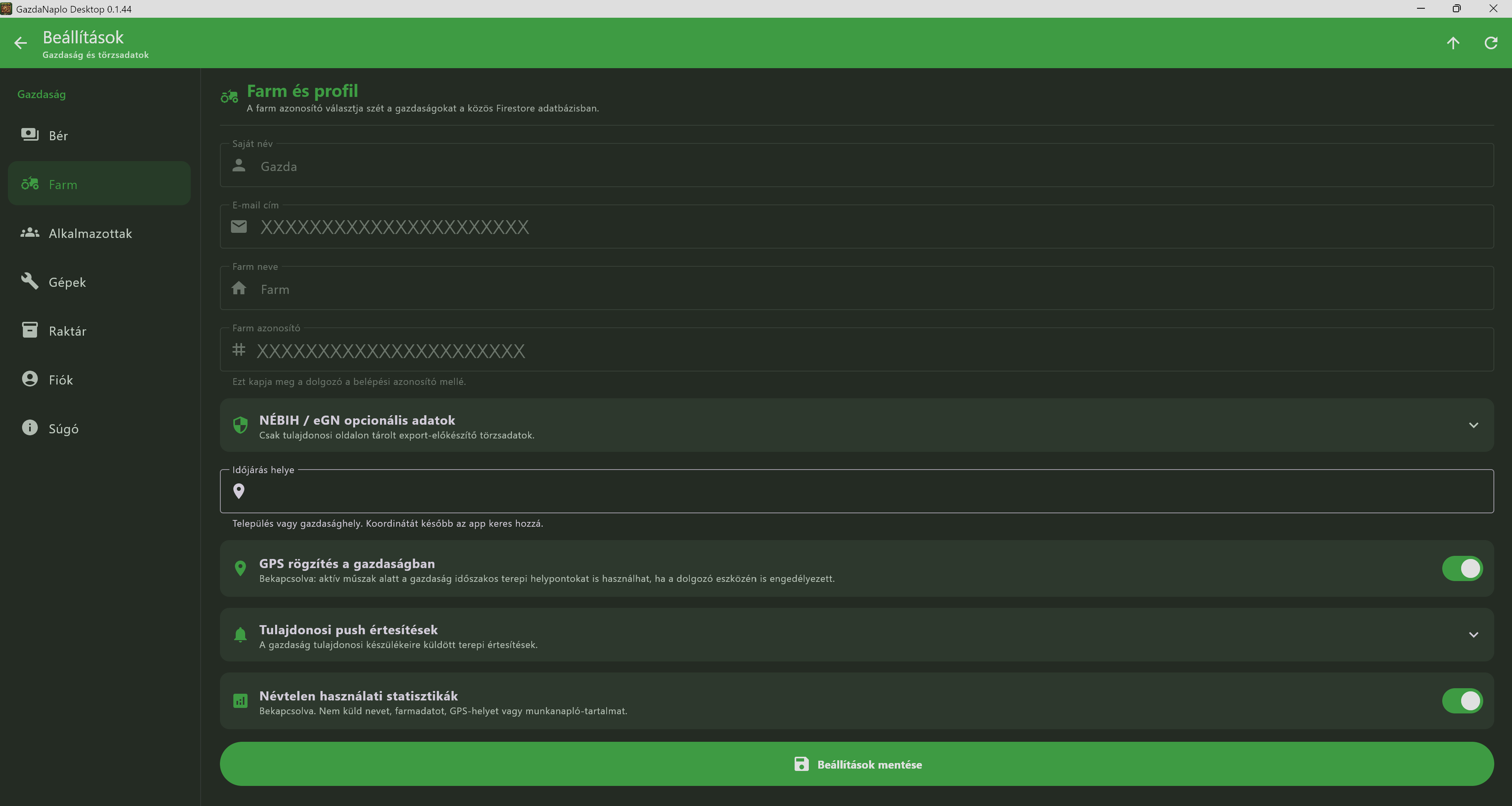 Gazda Napló beállítások desktop képernyőkép