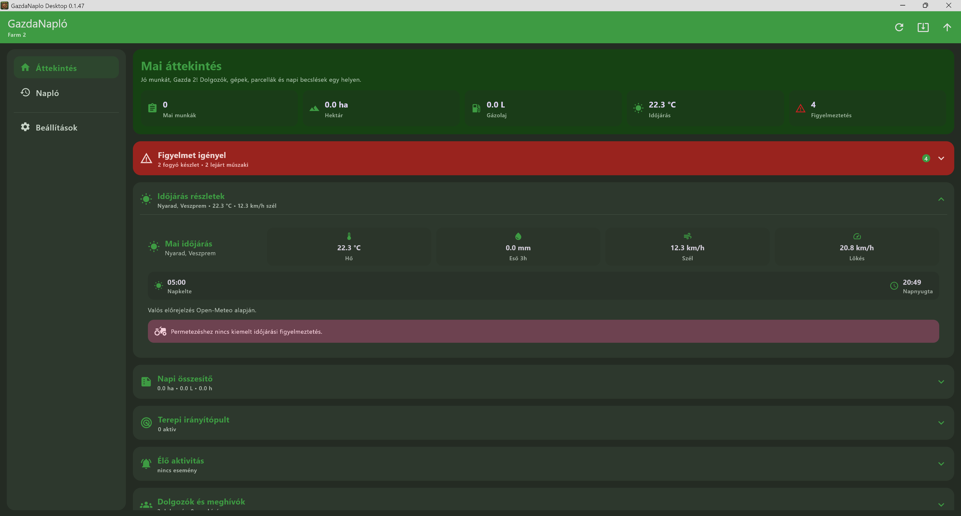 Gazda Napló dashboard és farmáttekintés képernyőkép