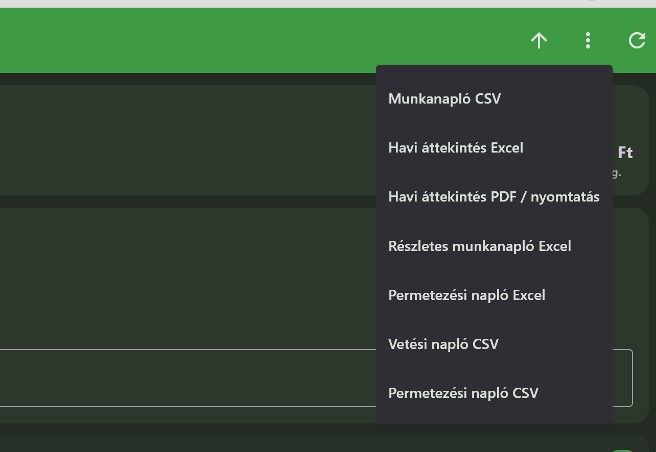 Gazda Napló export menü képernyőkép