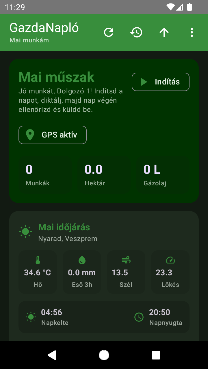 Gazda Napló mobil dashboard képernyőkép