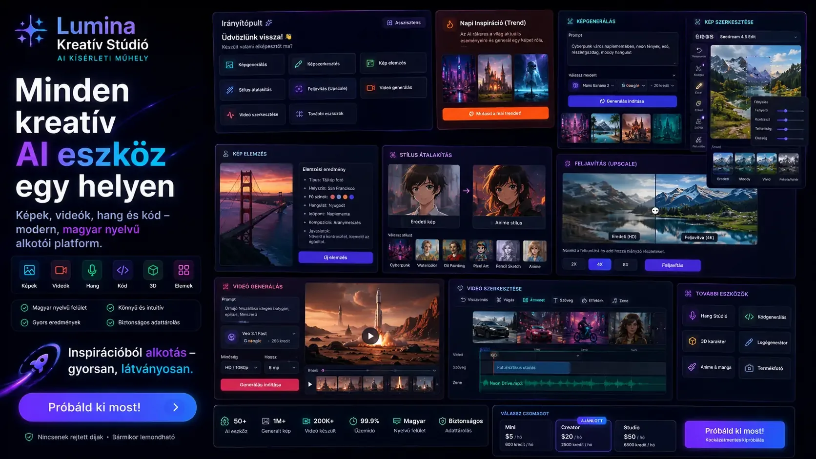 Lumina Kreatív Stúdió reklámkép dashboard és kreatív munkafolyamat nézetekkel