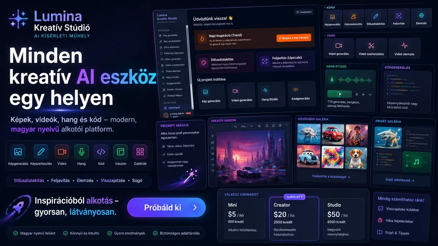 Lumina Kreatív Stúdió széles bemutató plakát dashboard és galéria elemekkel